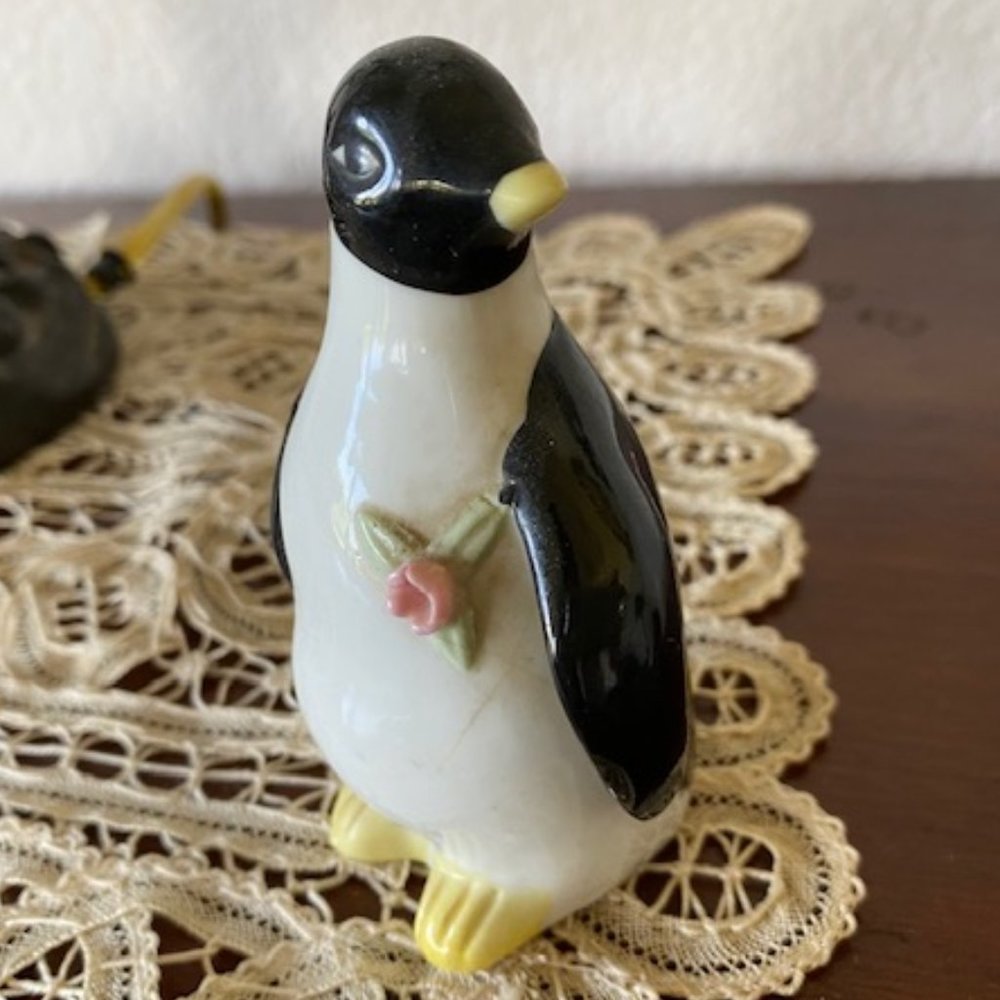 Vintage * Hand-painted PORCELAIN 4" PENGUIN BELL with PINK ROSE